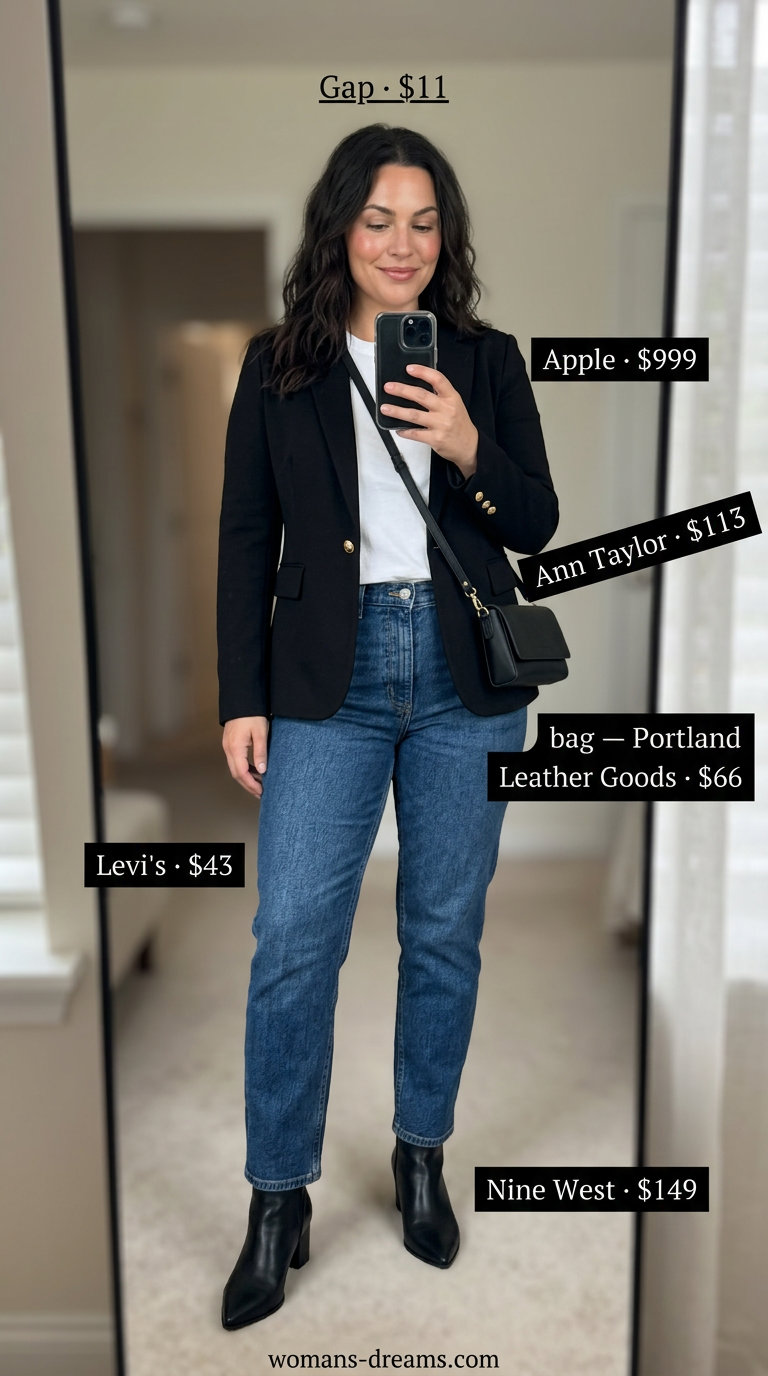 Chic city outfit: mom jeans, black blazer, white tee, black ankle boots. What to Wear with Mom Jeans Summer 2026.