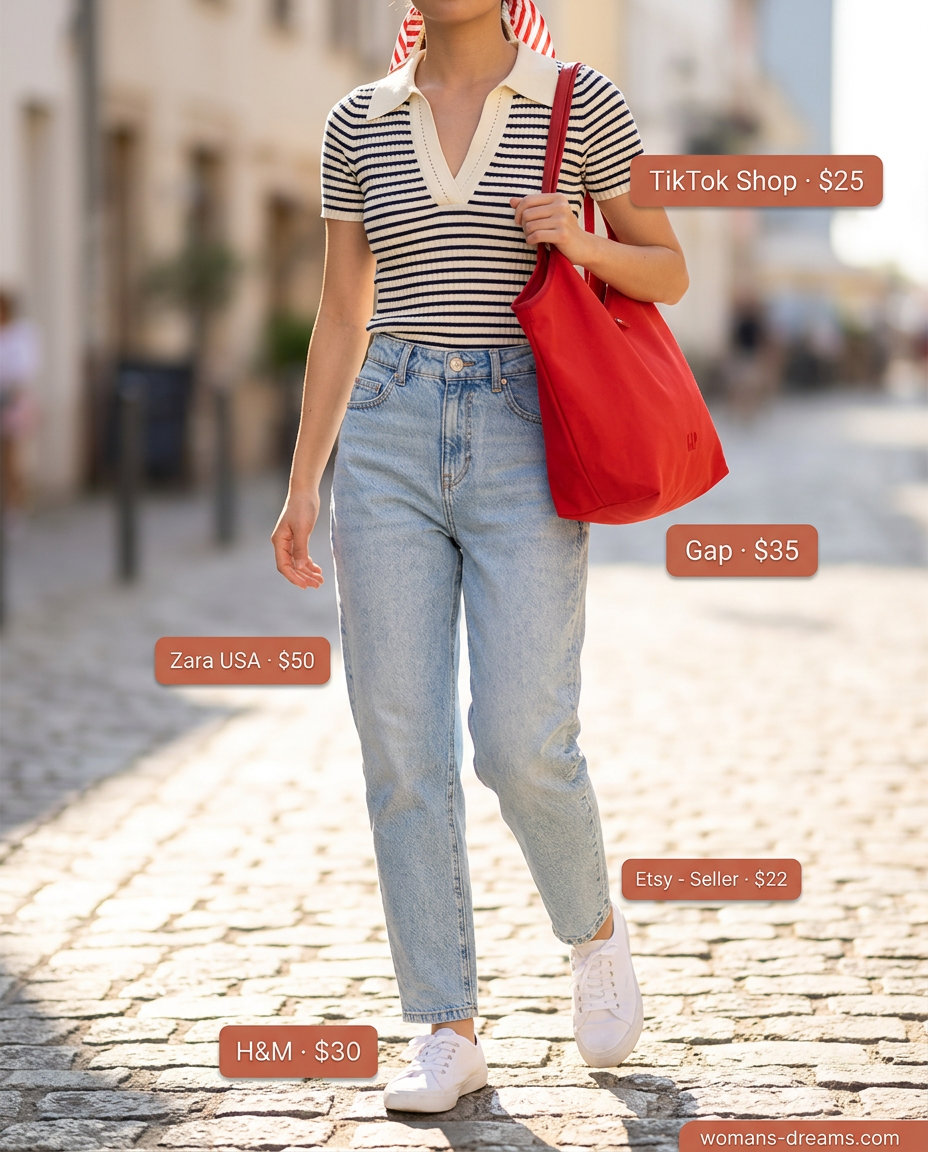 What to Wear with Mom Jeans Summer 2026: Coastal outfit with light mom jeans, striped knit top, and canvas sneakers.