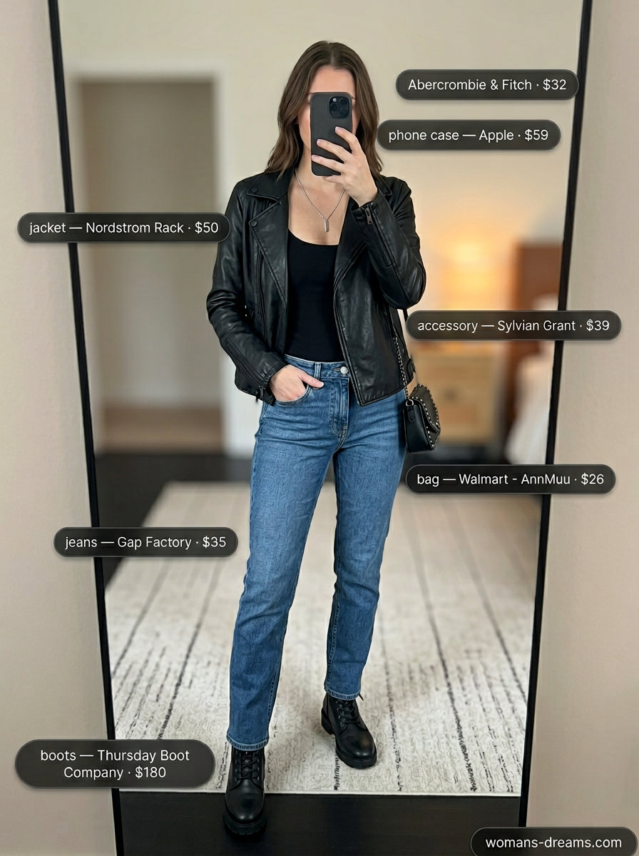 What to Wear with Mom Jeans Summer 2026: Edgy night out outfit with mid-wash mom jeans, faux leather jacket, and combat boots.