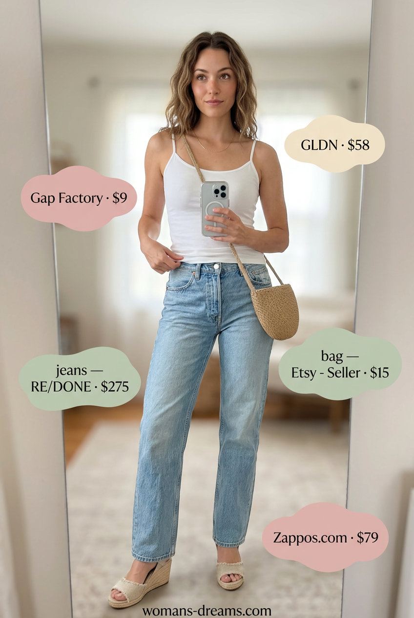 Summer garden party outfit: floral skirt, white tank, espadrilles, straw bag. What to Wear with Mom Jeans Summer 2026.