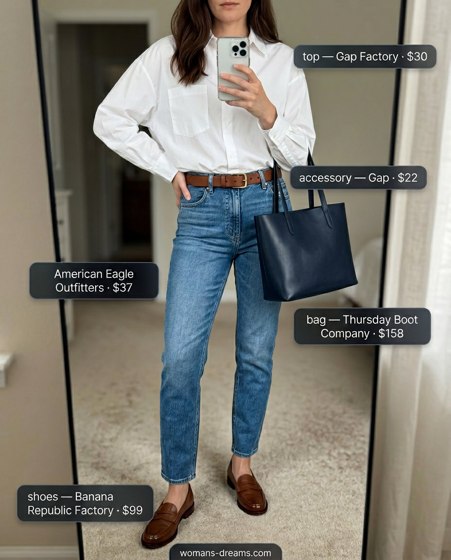 Modern preppy outfit: mom jeans, white button-down, loafers, brown belt. What to Wear with Mom Jeans Summer 2026.
