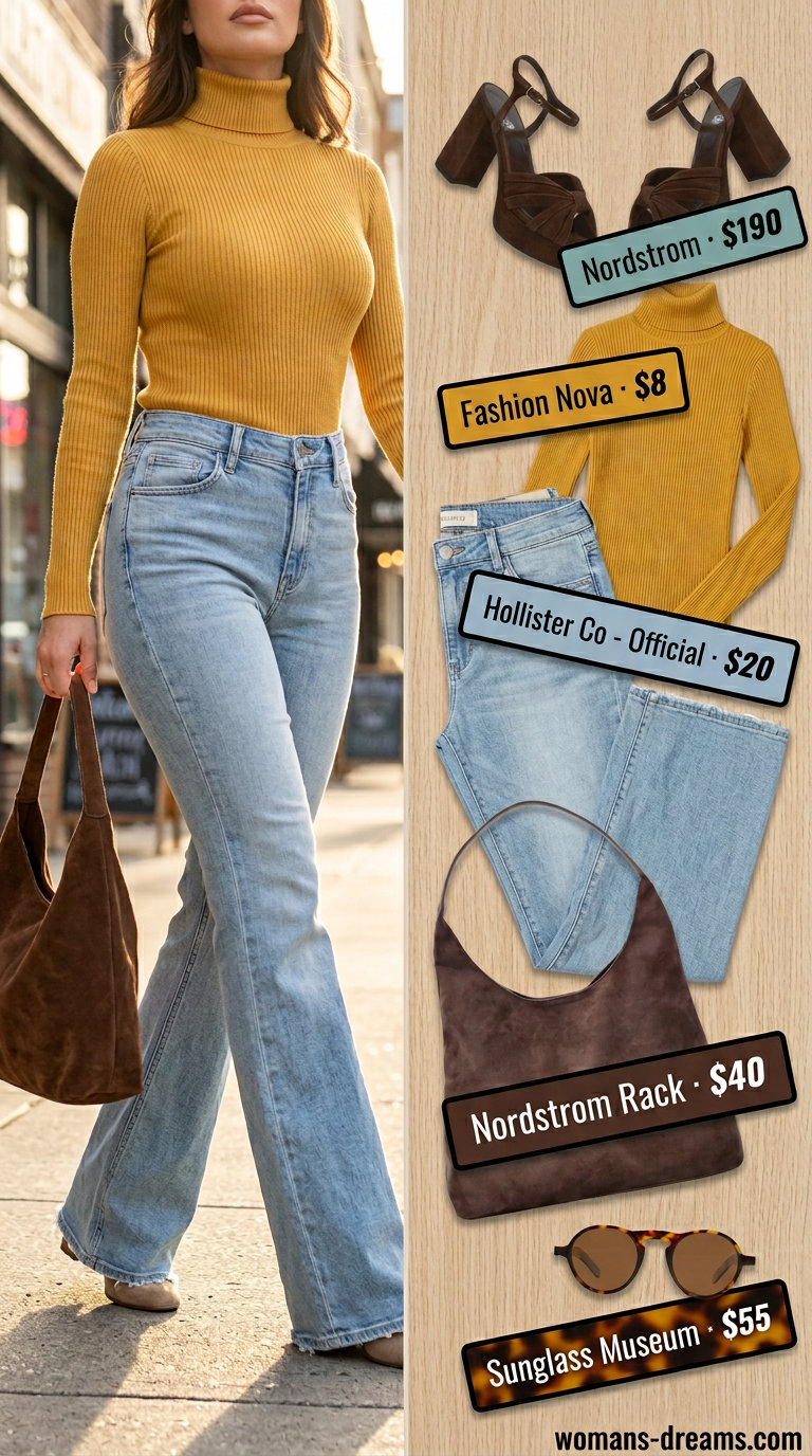 What to Wear with Mom Jeans Summer 2026: Retro concert outfit with flare mom jeans, mustard turtleneck, and platform sandals.