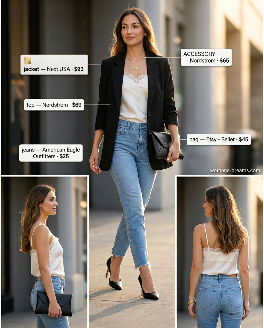 What to Wear with Mom Jeans Summer 2026: Smart casual outfit with mid-wash mom jeans, ivory silk cami, and black blazer.