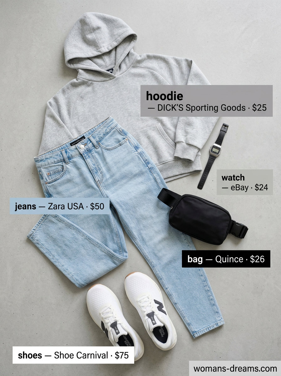 What to Wear with Mom Jeans Summer 2026: Sporty Spice casual outfit with grey hoodie, light blue mom jeans, and white sneakers.