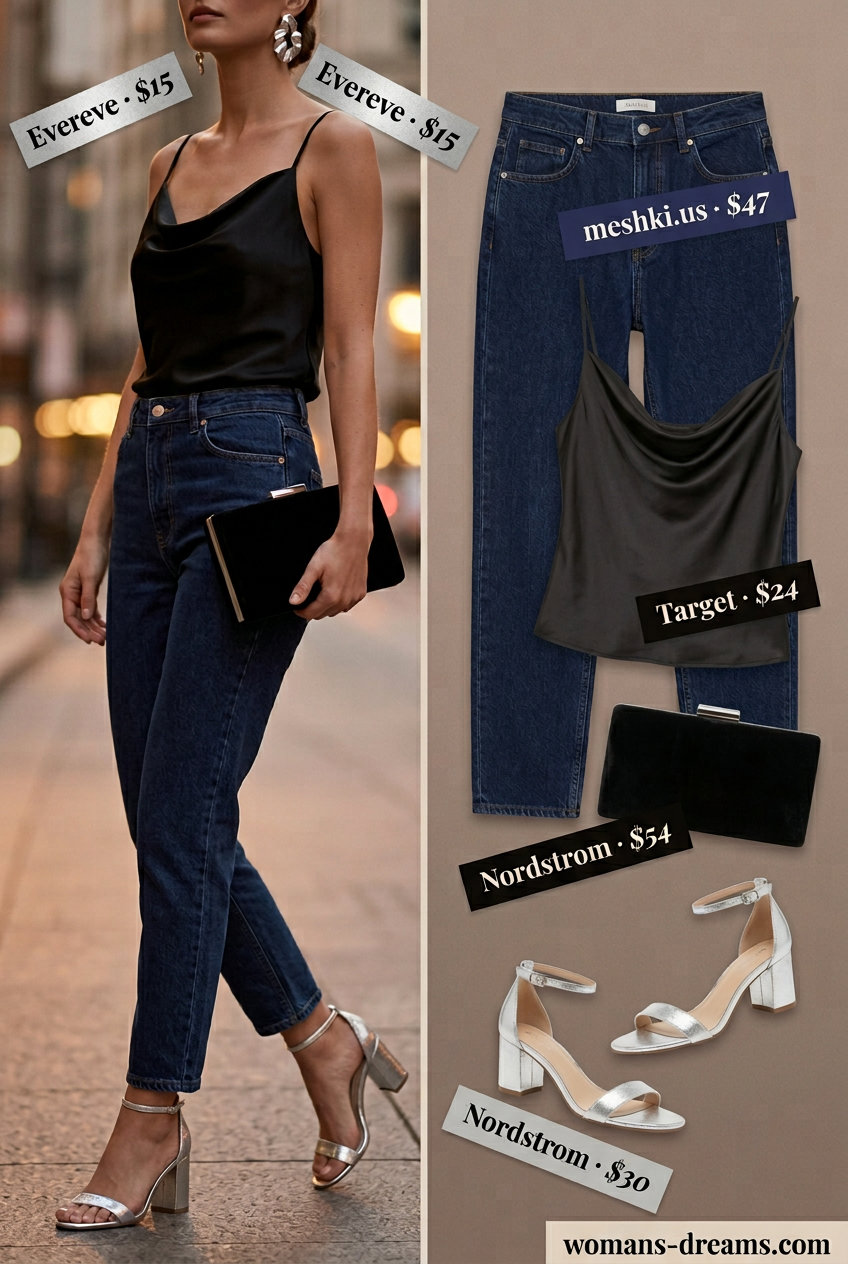 What to Wear with Mom Jeans Summer 2026: Elegant evening outfit with dark mom jeans, black satin cami, and silver sandals.