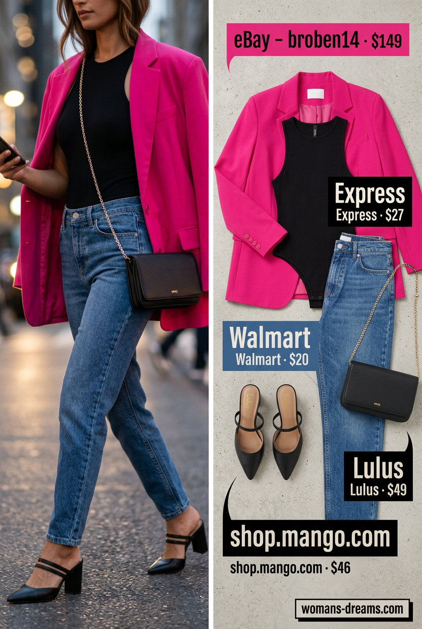 What to Wear with Mom Jeans Summer 2026: Edgy evening outfit with medium wash mom jeans, fuchsia blazer, and black heeled mules.
