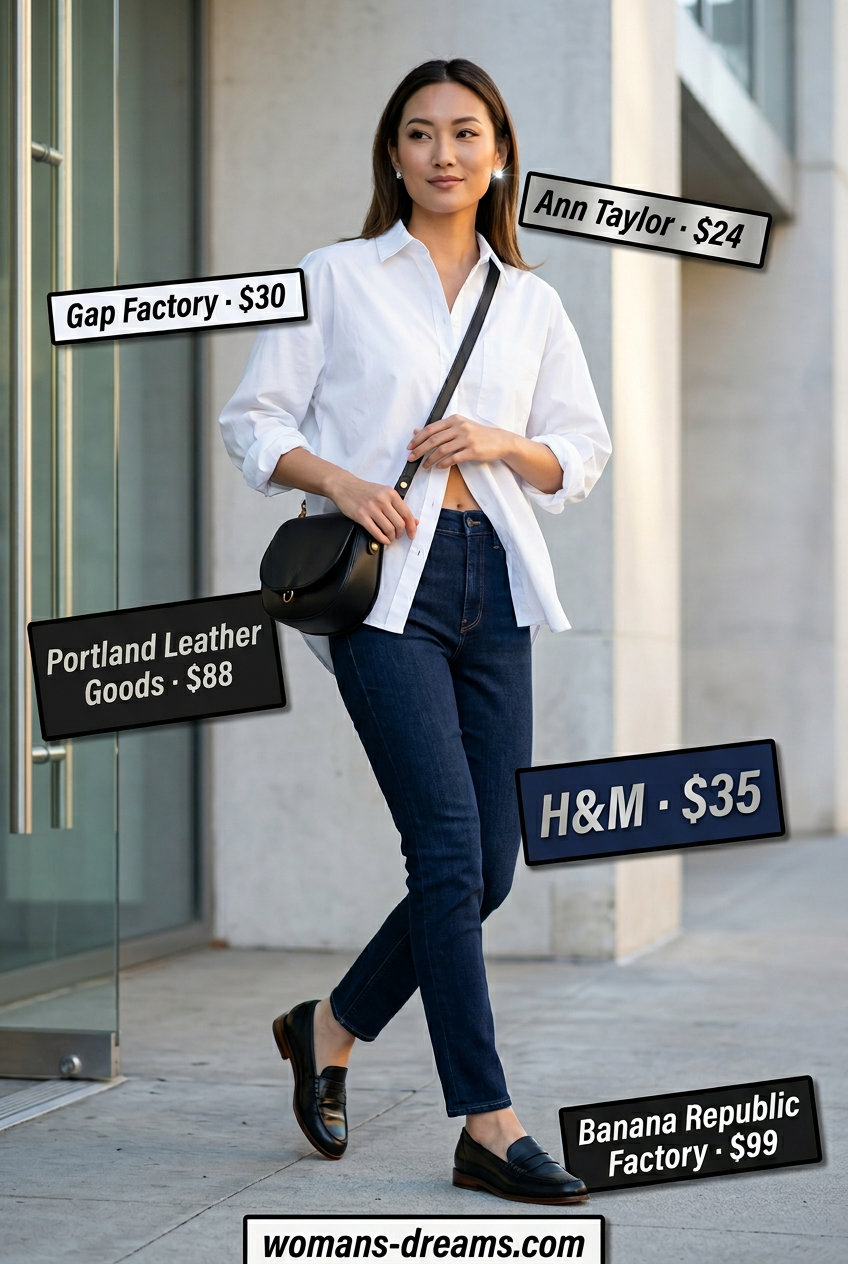 What to Wear with Mom Jeans Summer 2026: Urban explorer outfit with dark mom jeans, white oversized shirt, and black loafers.