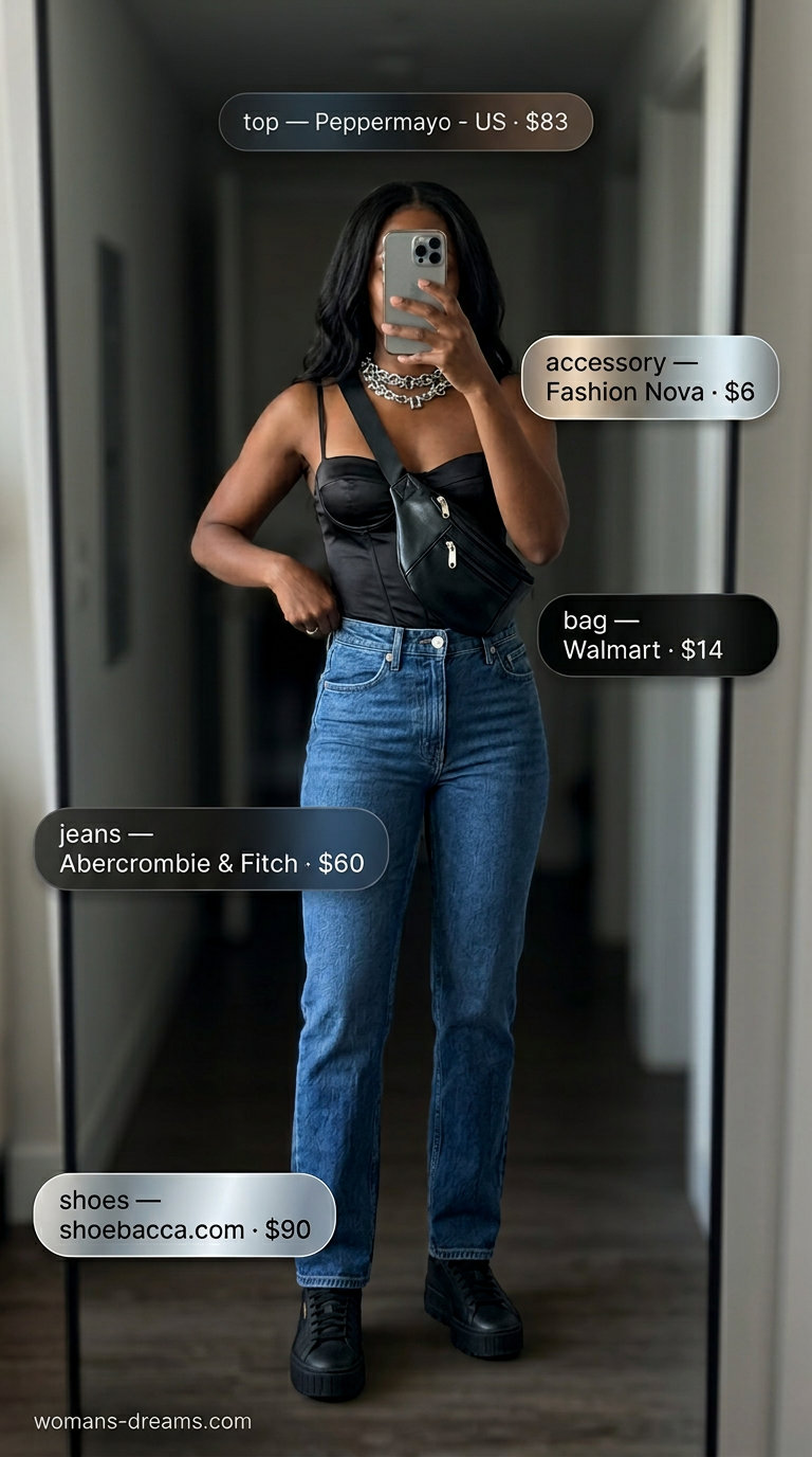 Edgy urban outfit: dark mom jeans, corset top, platform sneakers, belt bag. What to Wear with Mom Jeans Summer 2026.