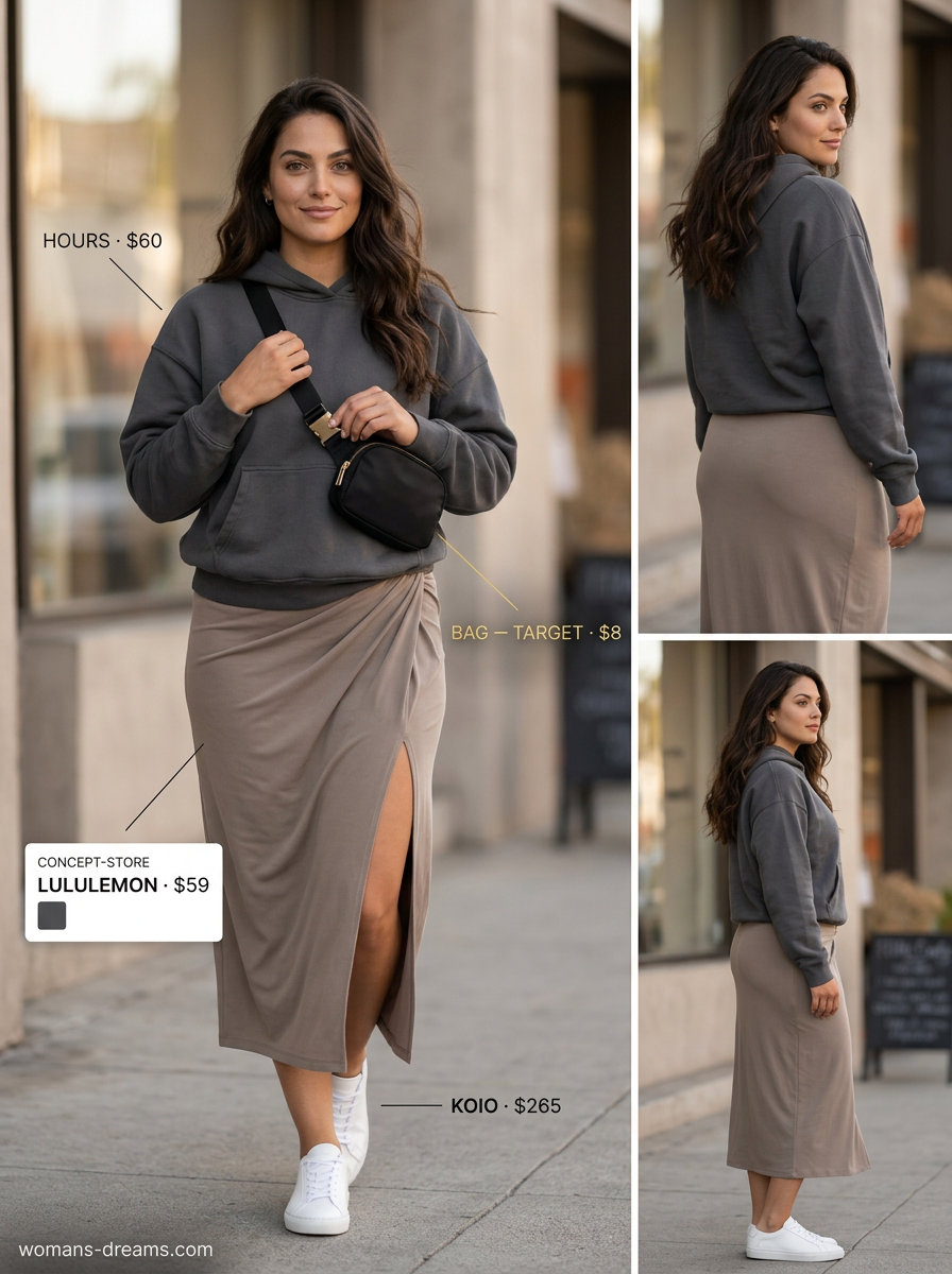 Weekend athleisure outfit with a tiered skirt, hoodie, sneakers, and belt bag. What to Wear with Tiered Skirt Summer 2026.