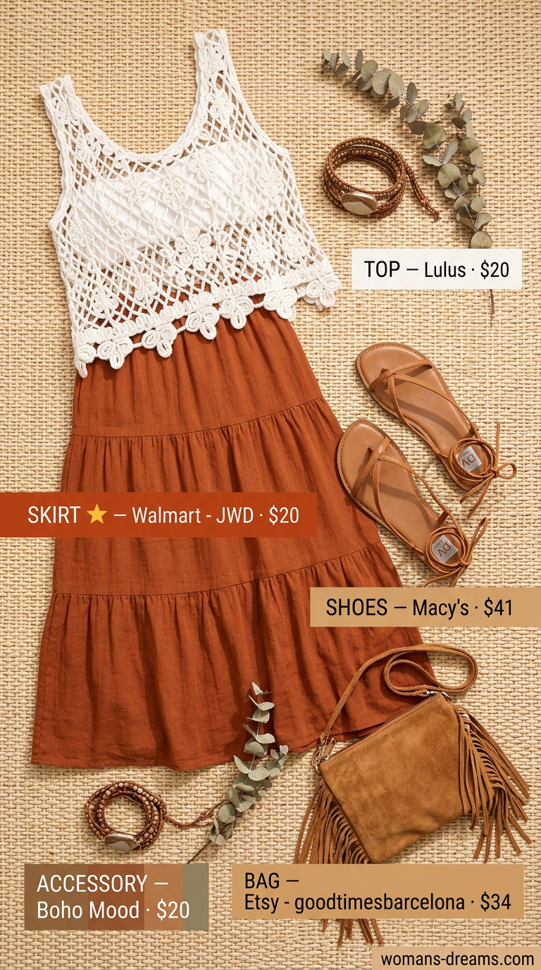 Boho maxi skirt outfit for festivals with a crochet top, gladiator sandals, and fringe bag. What to Wear with Tiered Skirt Summer 2026.