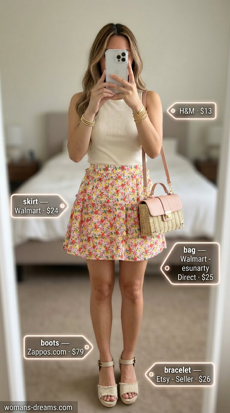 Bohemian tiered mini skirt outfit for picnics with a ribbed tank, espadrilles, and straw bag. What to Wear with Tiered Skirt Summer 2026.