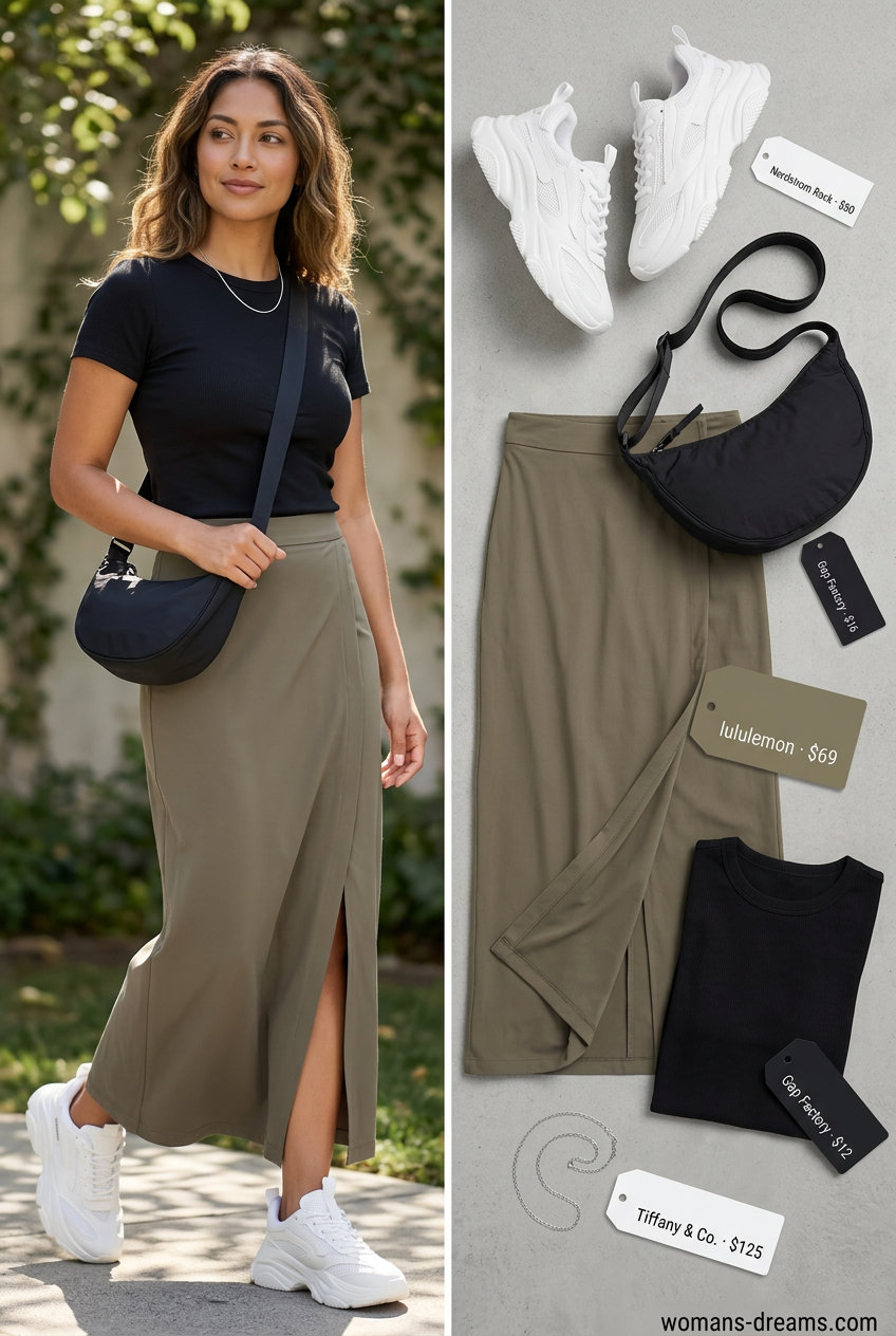 What to Wear with Tiered Skirt Summer 2026: Khaki cargo pants, white ribbed top, and black sneakers for a casual day out.