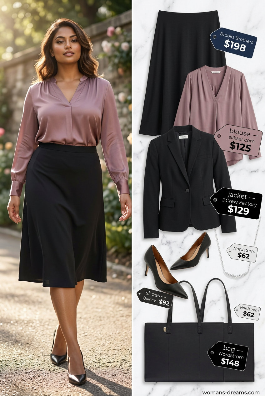 Chic office outfit with a tiered skirt, silk blouse, blazer, and pumps. What to Wear with Tiered Skirt Summer 2026.