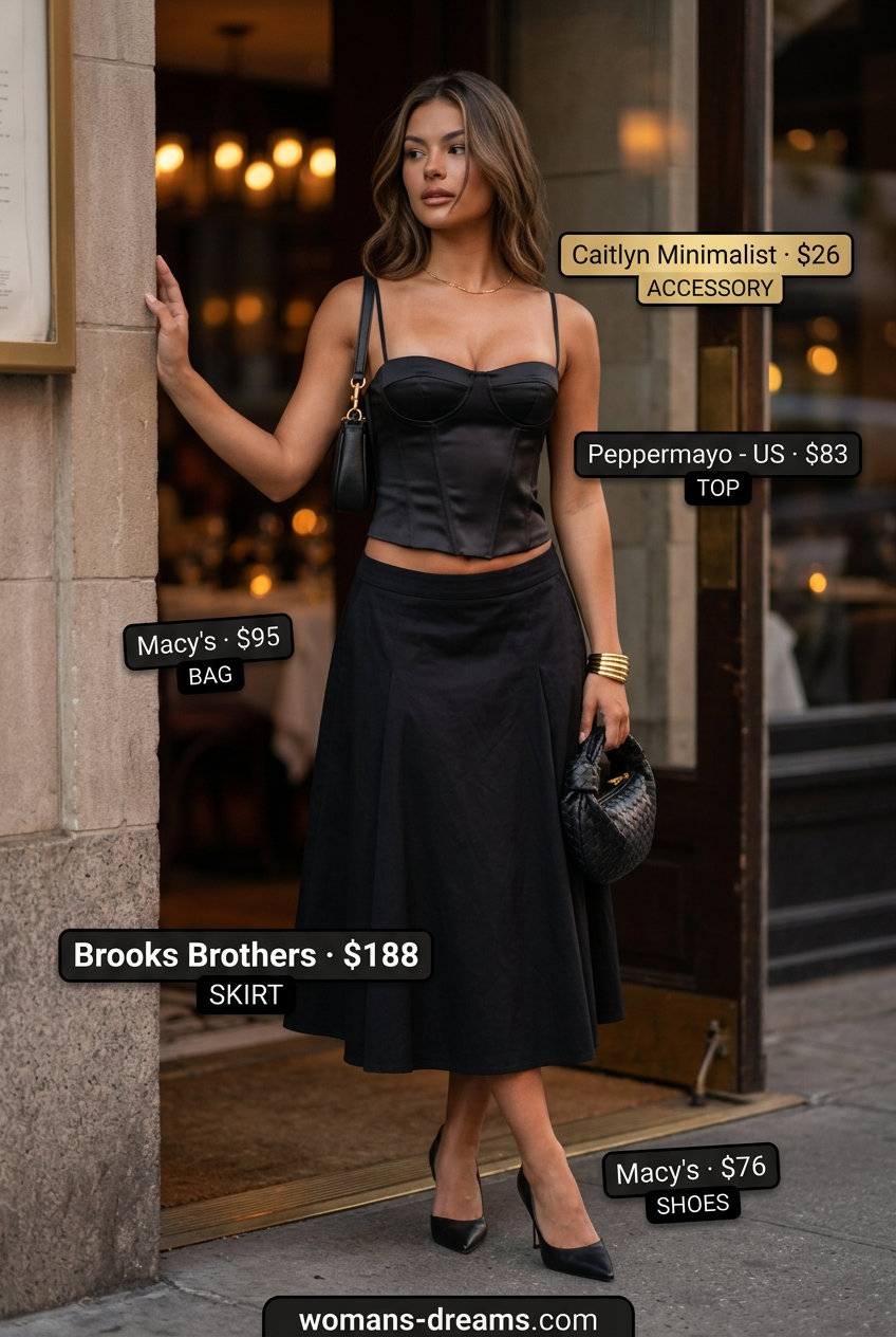 City chic outfit with a tiered skirt, corset top, stiletto heels, and mini bag. What to Wear with Tiered Skirt Summer 2026.