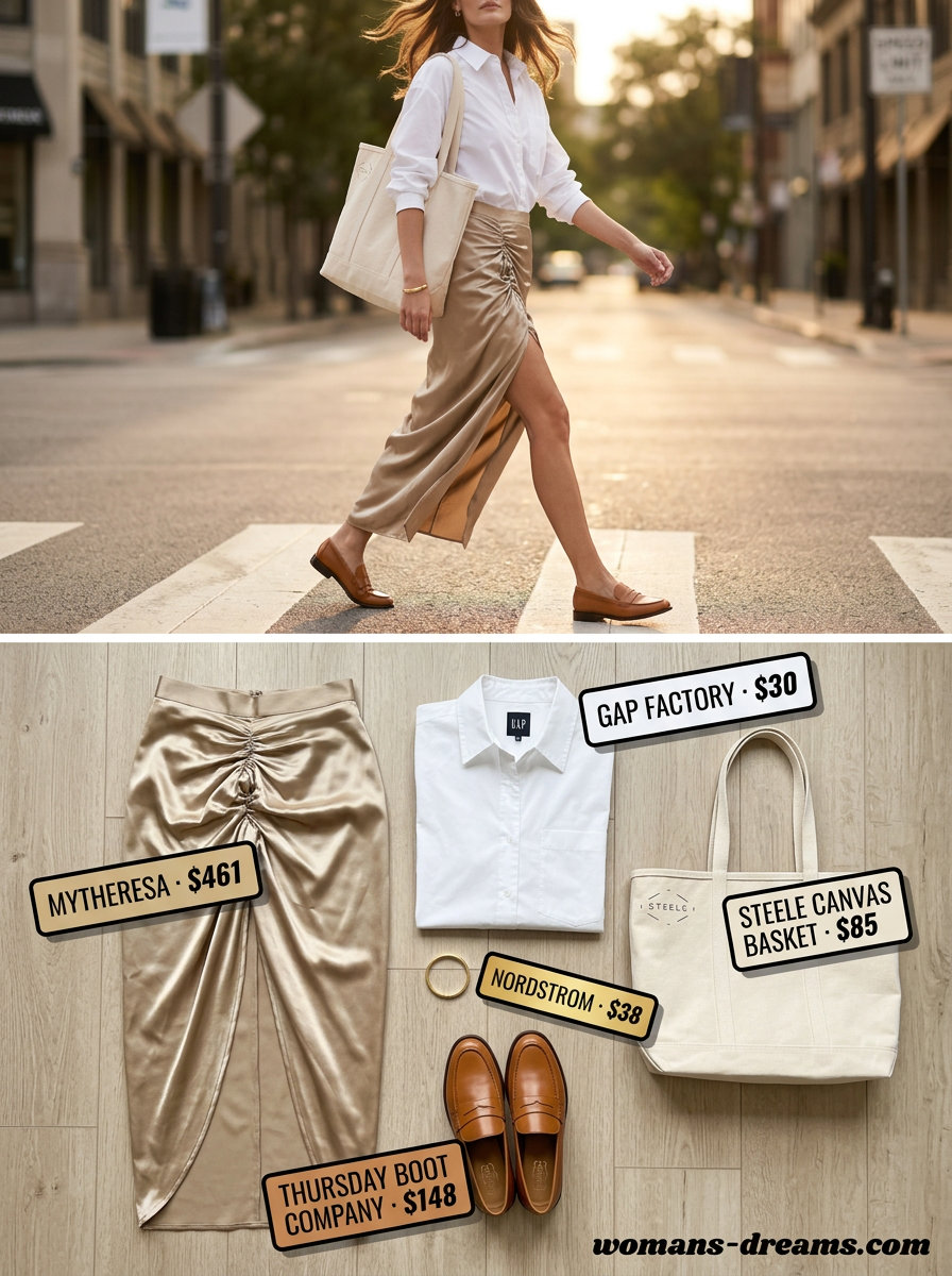 What to Wear with Tiered Skirt Summer 2026: Beige linen skirt, oversized white shirt, and loafers for a relaxed chic travel outfit.