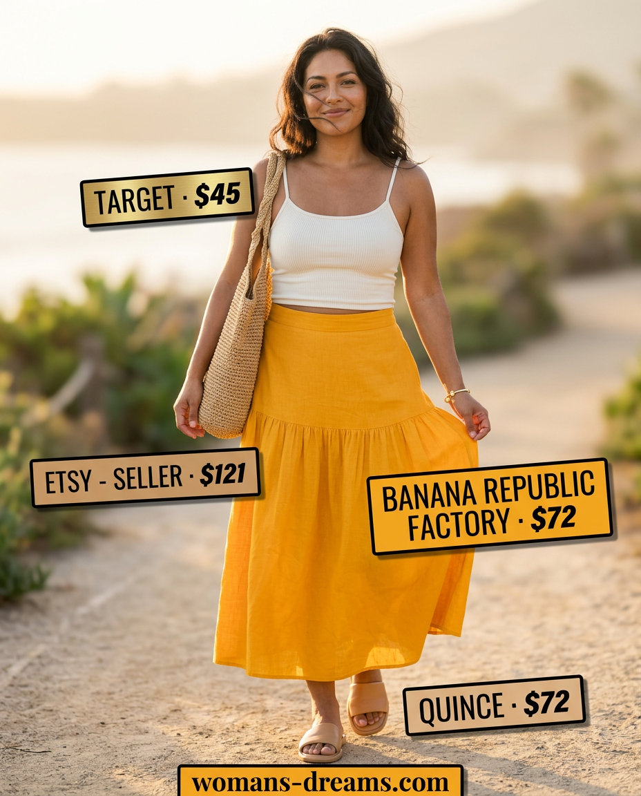 What to Wear with Tiered Skirt Summer 2026: Cream linen set, tan sandals, and raffia tote for a chic resort wear look.