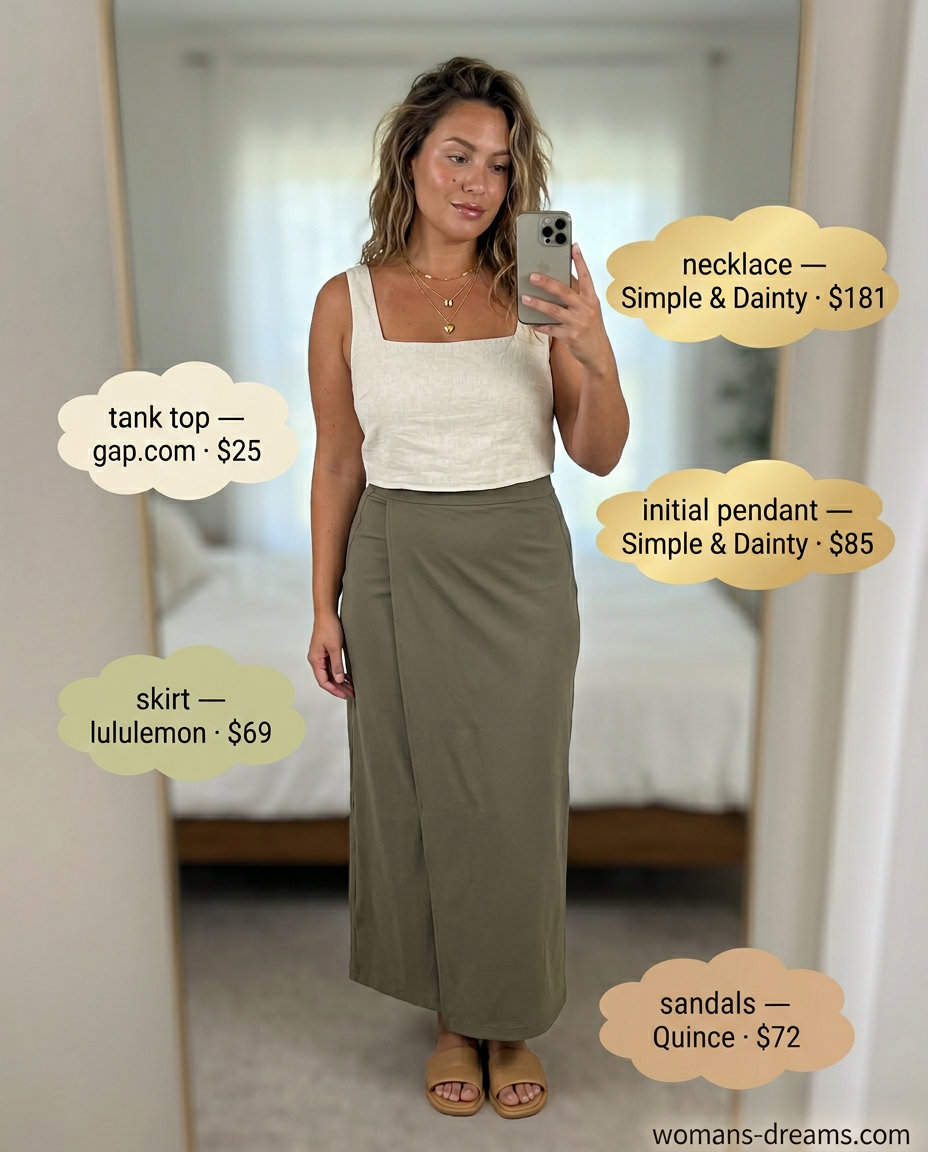 Coastal linen set for vacation with a tiered skirt, cropped tank, and straw tote. What to Wear with Tiered Skirt Summer 2026.