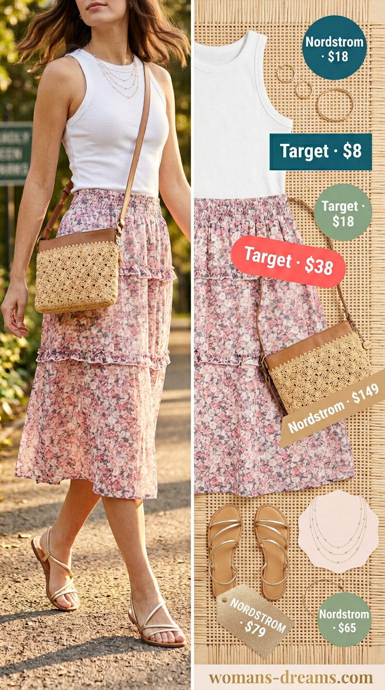 What to Wear with Tiered Skirt Summer 2026: Pastel floral tiered skirt, white ribbed tank, and gold sandals for a summer picnic.