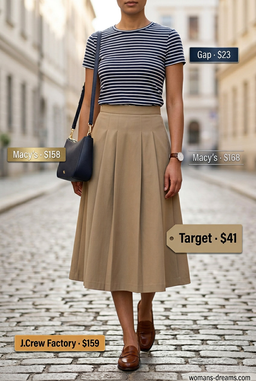 What to Wear with Tiered Skirt Summer 2026: Khaki pleated skirt, striped knit top, loafers, and shoulder bag for smart casual.