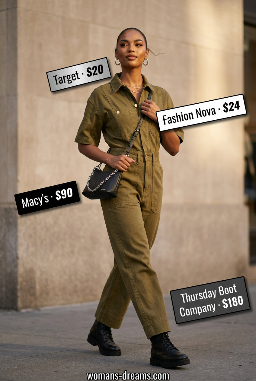 What to Wear with Tiered Skirt Summer 2026: Olive green utility jumpsuit, black combat boots, and silver hoops for a modern edgy look.