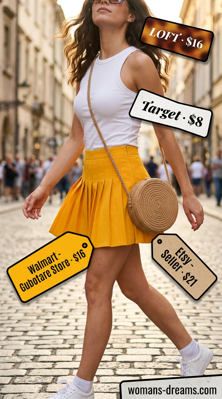 What to Wear with Tiered Skirt Summer 2026: Yellow mini skirt, white tank, espadrilles, and straw bag for a playful brunch look.