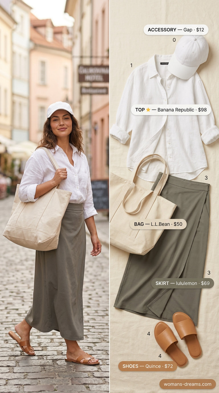 Casual weekend market outfit with a tiered skirt, oversized linen shirt, and slides. What to Wear with Tiered Skirt Summer 2026.
