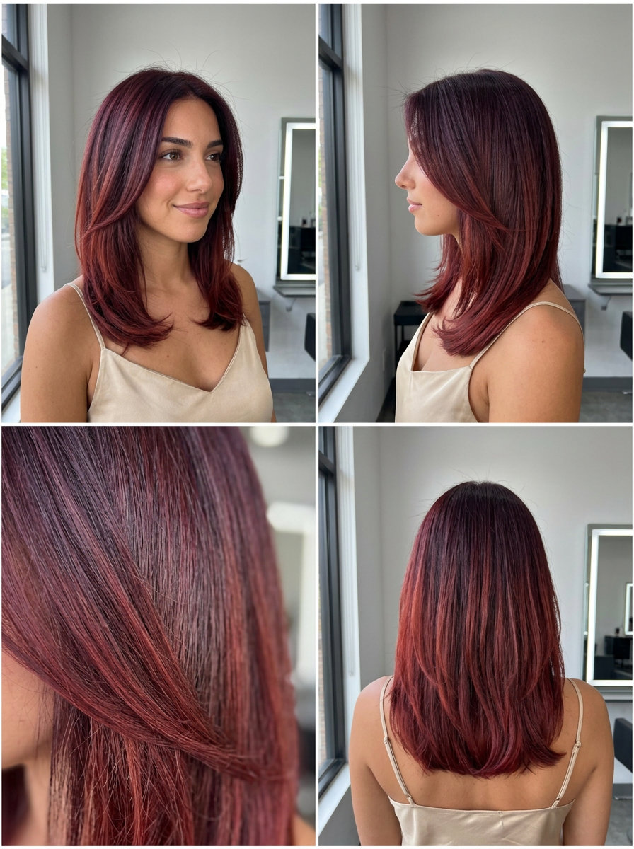 long wine auburn to crimson auburn ombré, captivating gradient — bold evening event