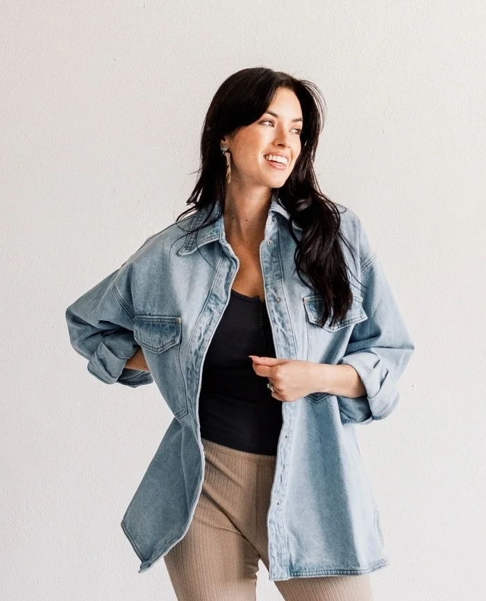 back to school outfits 2026 Oversized Denim Shirt And Leggings For Easy Everyday Style