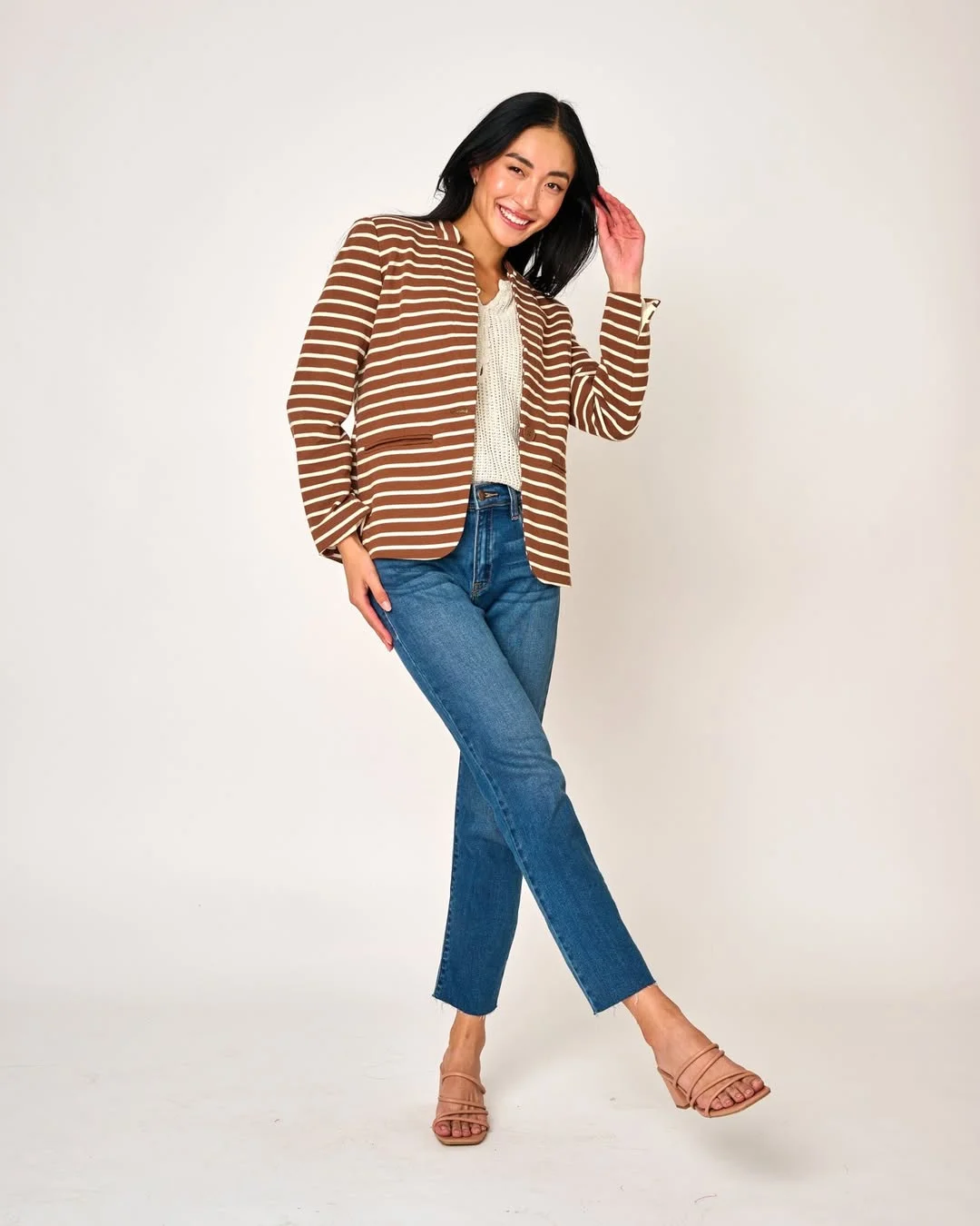 back to school outfits 2026 Striped Blazer And Denim For Smart Casual School Style