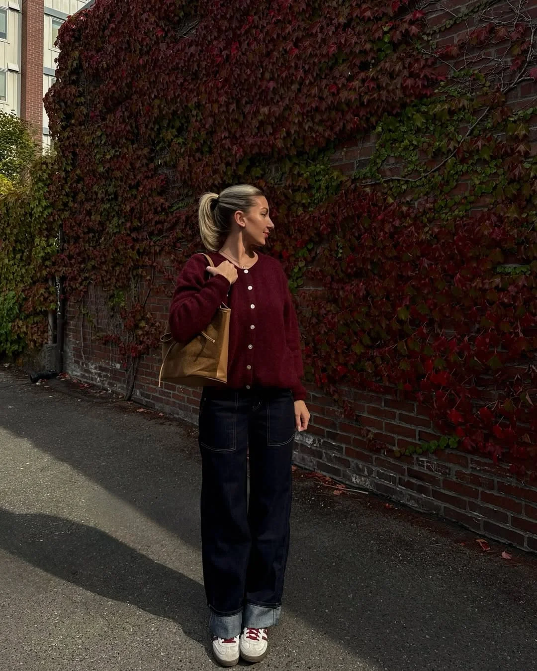 chic fall outfits pants 2026 Burgundy Cardigan With Relaxed Dark Denim