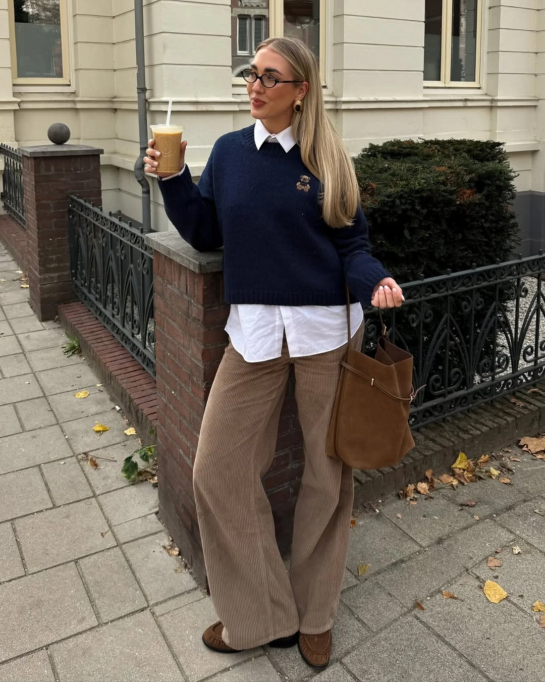 chic fall outfits pants 2026 Navy Knit Layers With Soft Corduroy Trousers