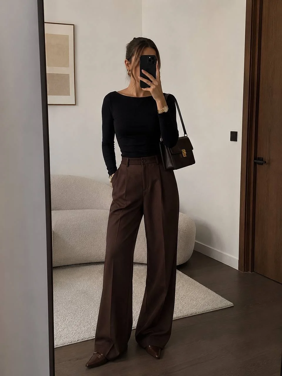 chic fall outfits pants 2026 Minimal Black Top With Elegant Brown Tailoring