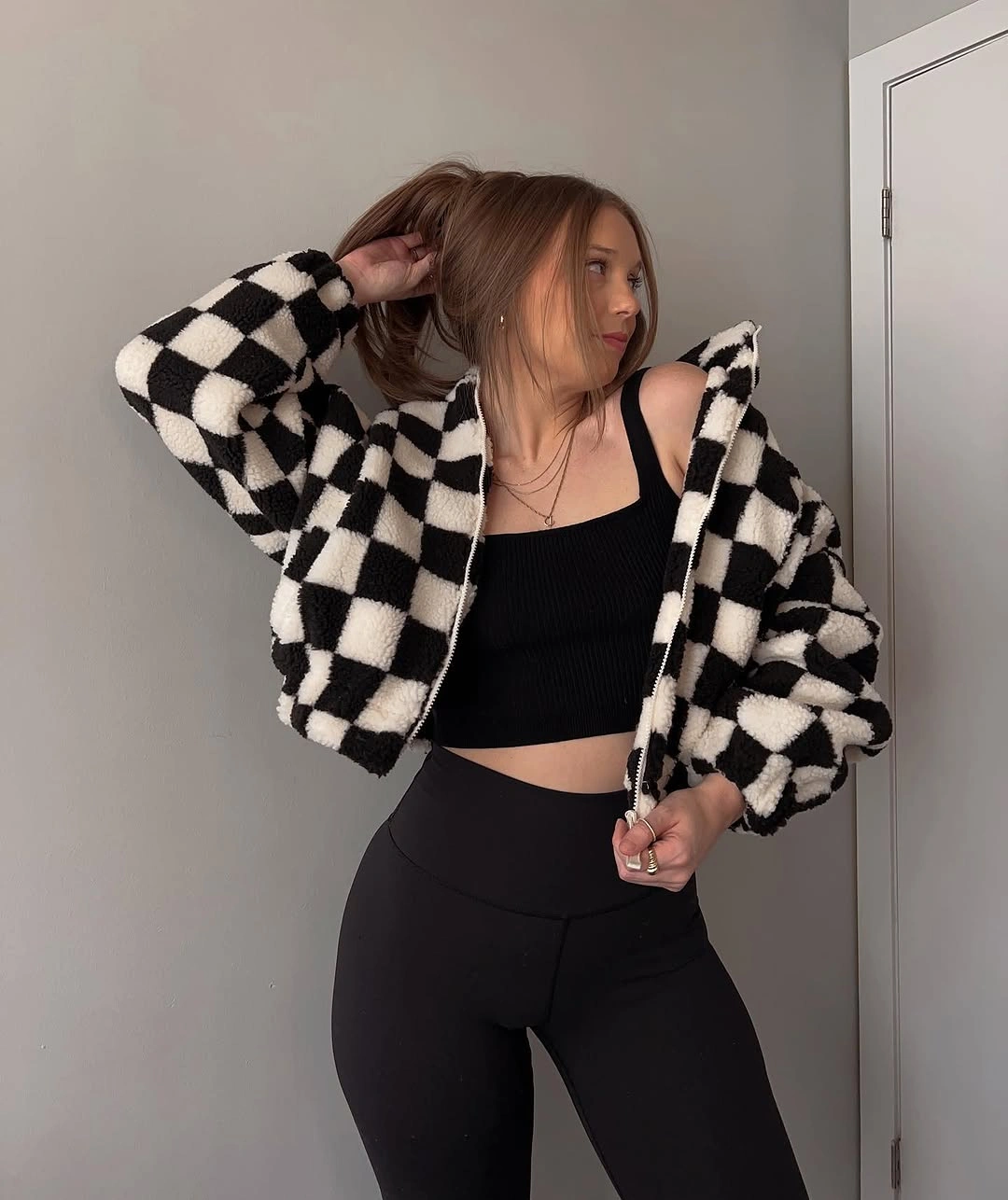cozy & chic autumn outfits for women 2026 Checkerboard Sherpa That Makes Everyday Basics Feel Fashion-Forward