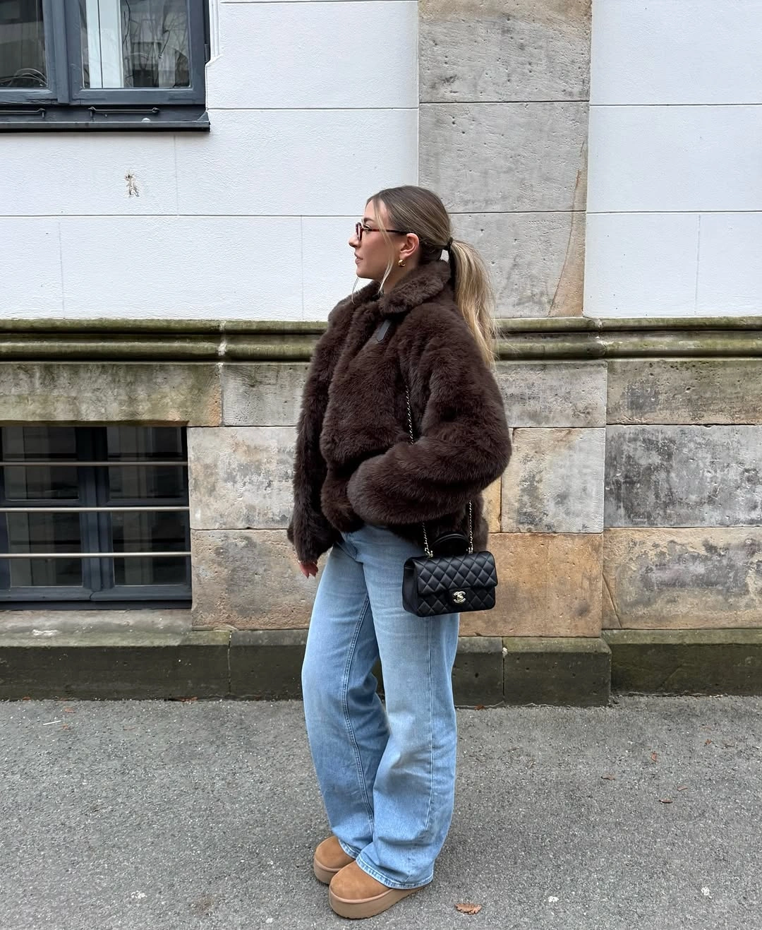 cozy & chic autumn outfits for women 2026 Rich Chocolate Faux Fur with Relaxed Denim
