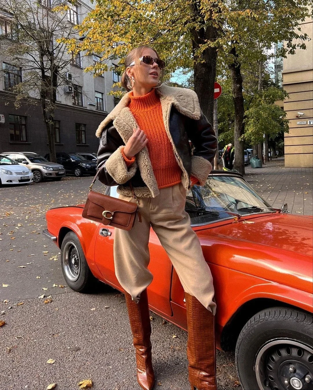 cozy chic fall outfits for 2026 Bold Color Pops Meet Cozy Shearling Layers