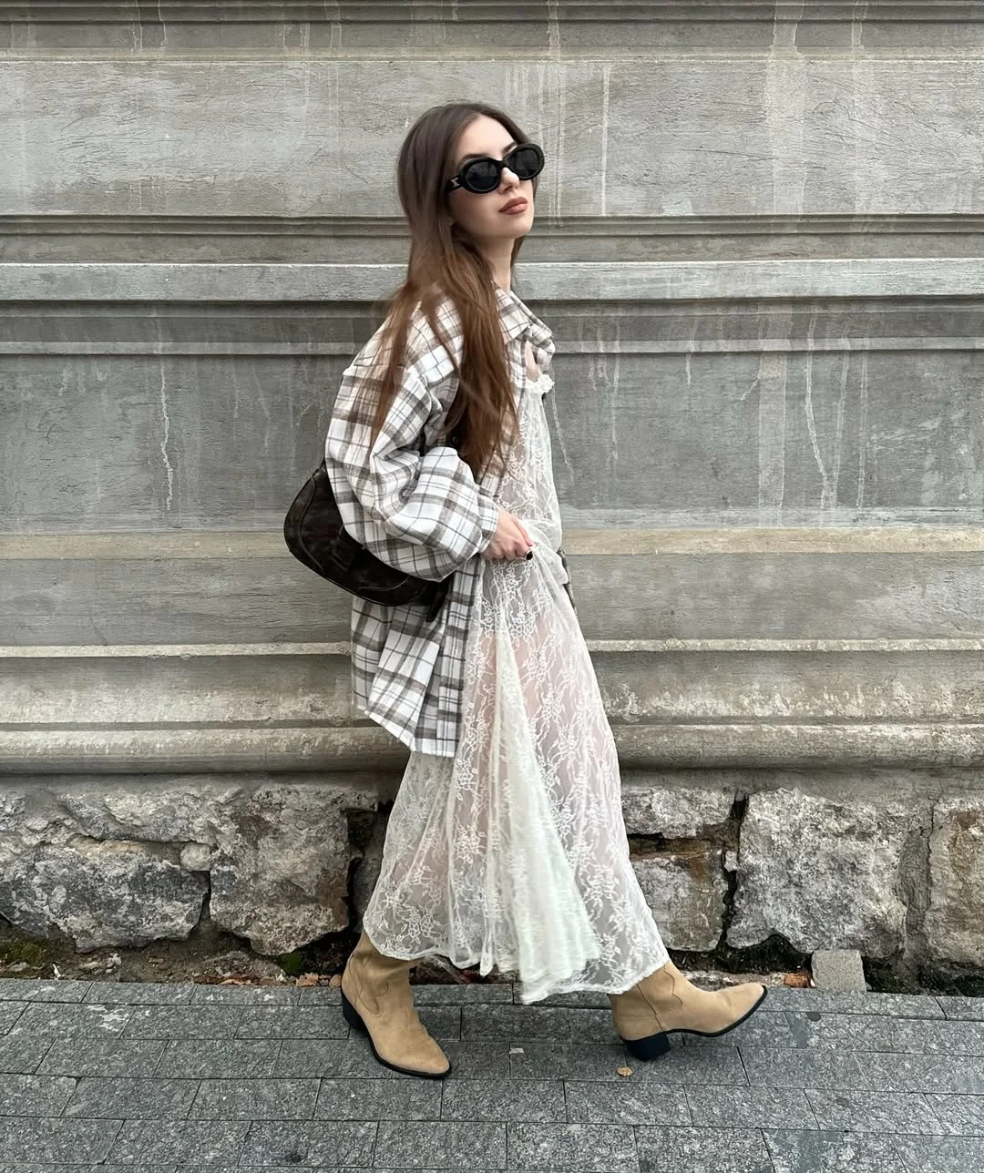 Early fall outfits ideas 2026 Soft Plaid Layers Make Sheer Dresses Feel More Wearable for Fall