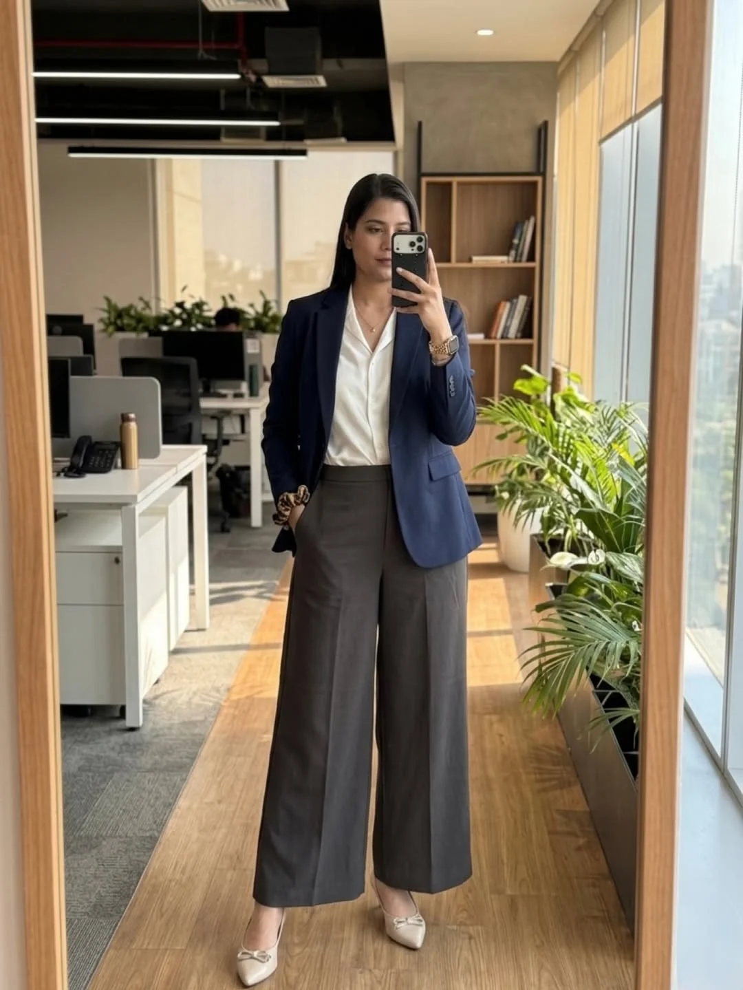 elegant fall office outfits 2026 Navy Blazer and Wide-Leg Trousers for Modern Confidence