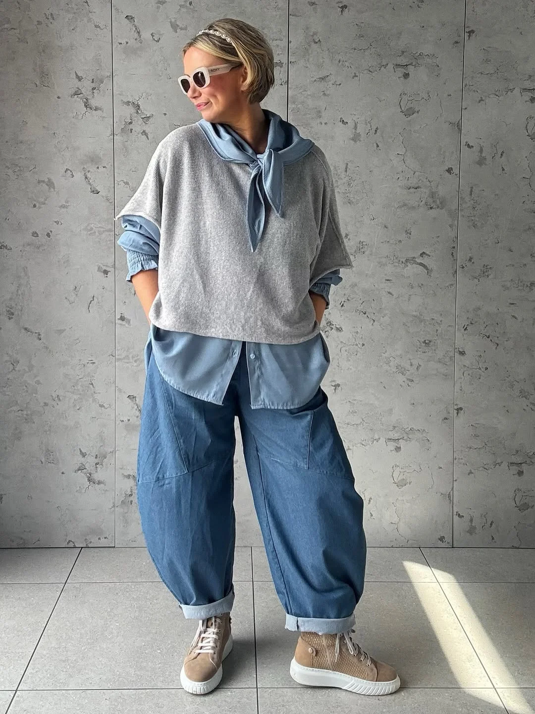 fall fashion for women over 40 Modern Layering with Relaxed Denim Shapes