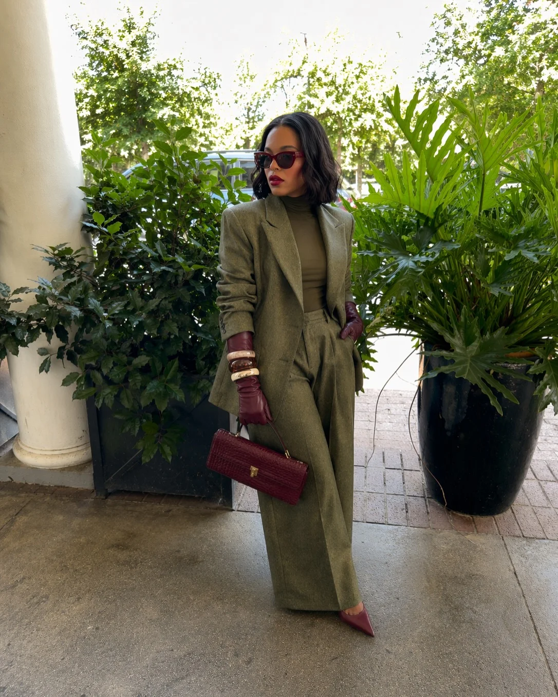 fall going out outfits 2026 Olive Tailoring with Burgundy Accessories for an Elevated Evening