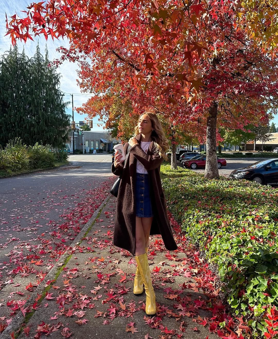 fall going out outfits 2026 Long Chocolate Coat with Denim Mini for Warm Autumn Afternoons