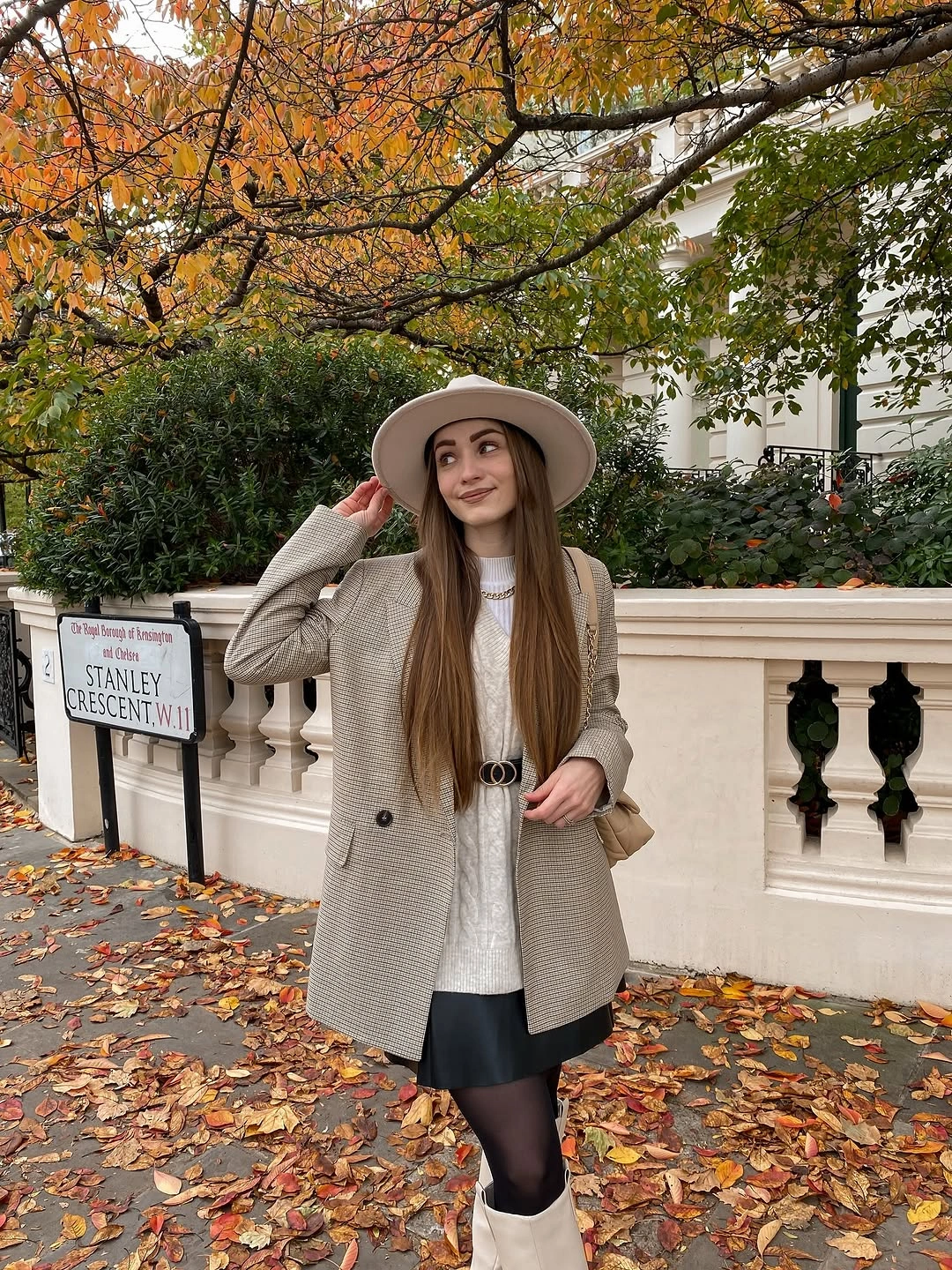 fall going out outfits 2026 Checked Blazer and Leather Mini for Classic London Autumn Style