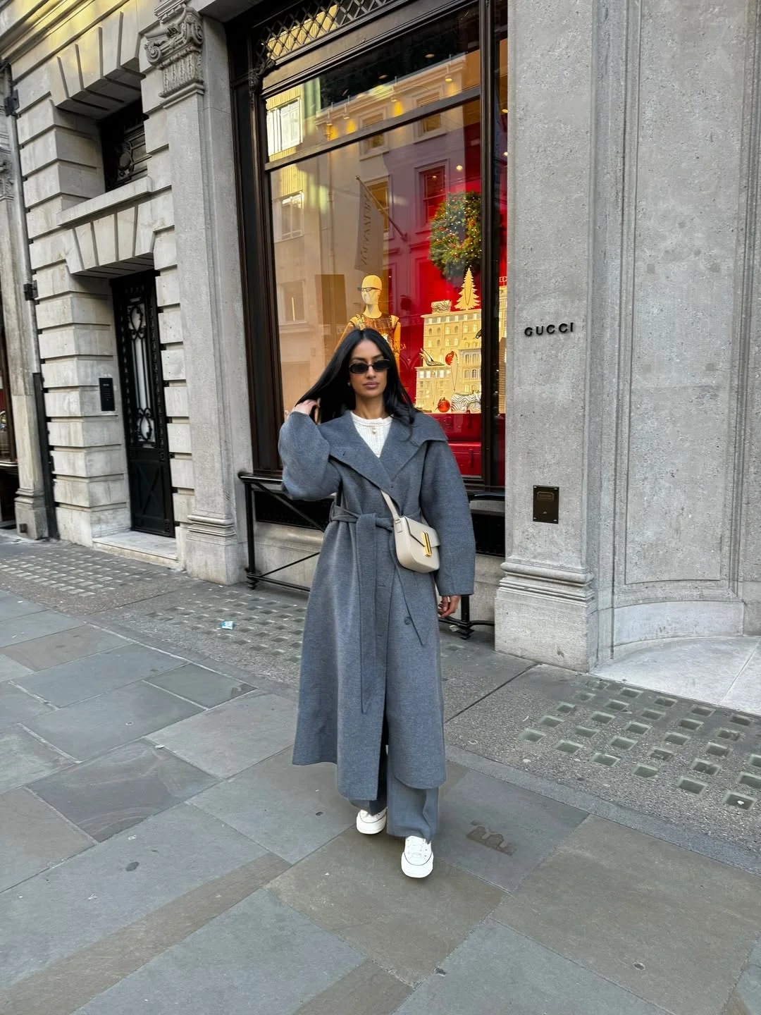 fall office outfits for women 2026 Long Gray Coat with Sneakers for City Office Days