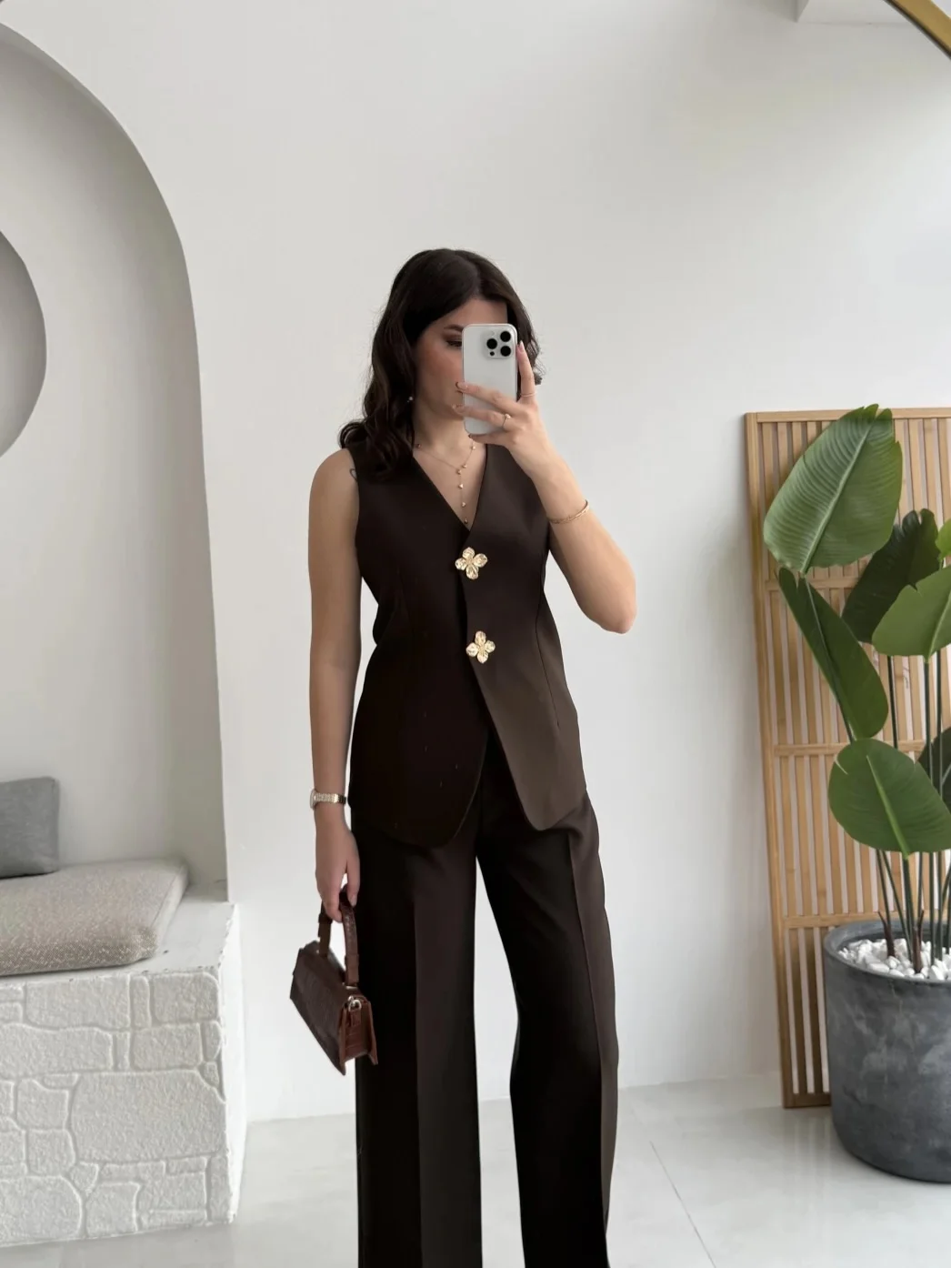 fall office outfits for women 2026 Minimal Vest Suiting with Statement Buttons