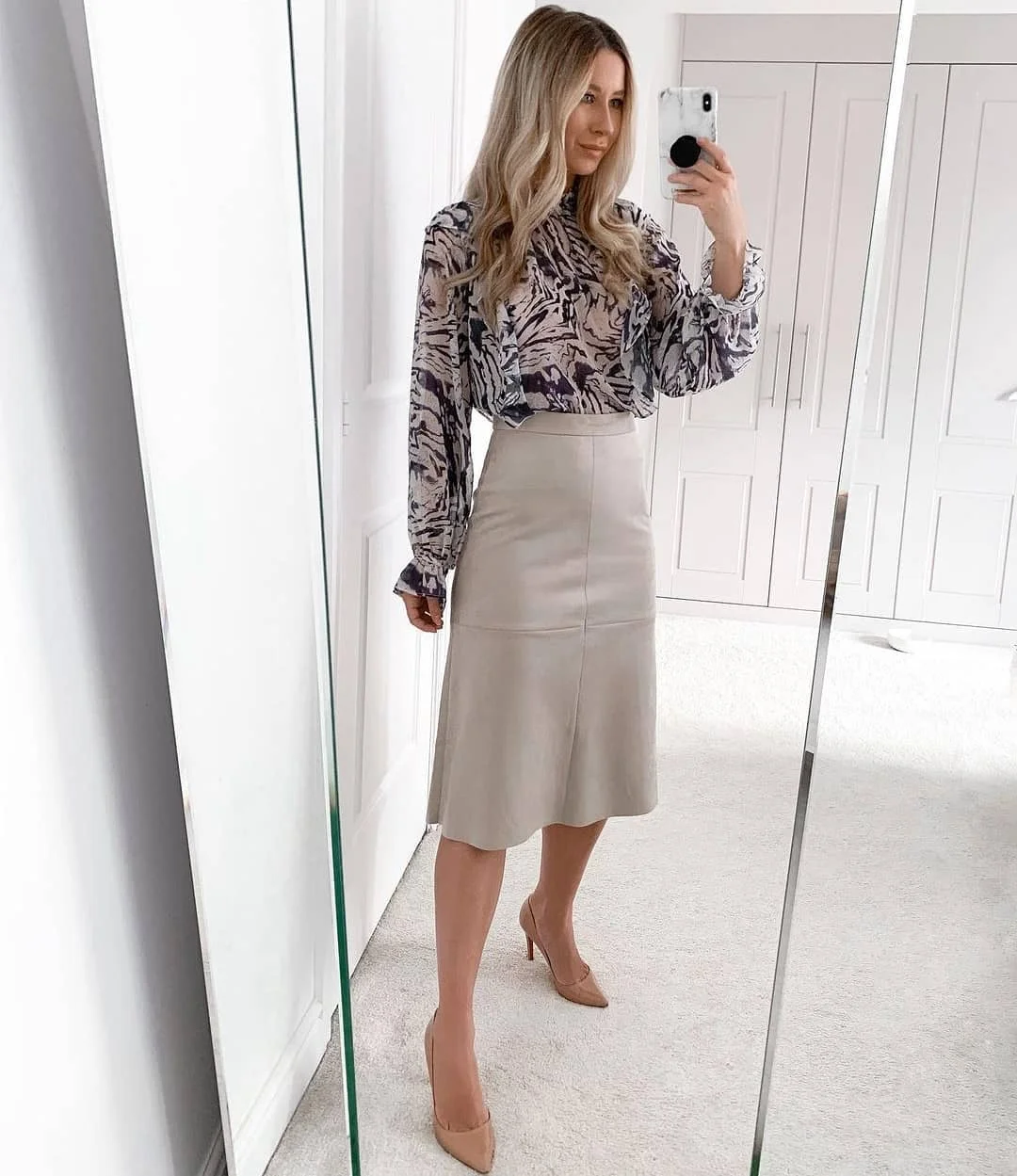 fall office outfits for women 2026 Elegant Printed Blouse with a Timeless Neutral Midi Skirt
