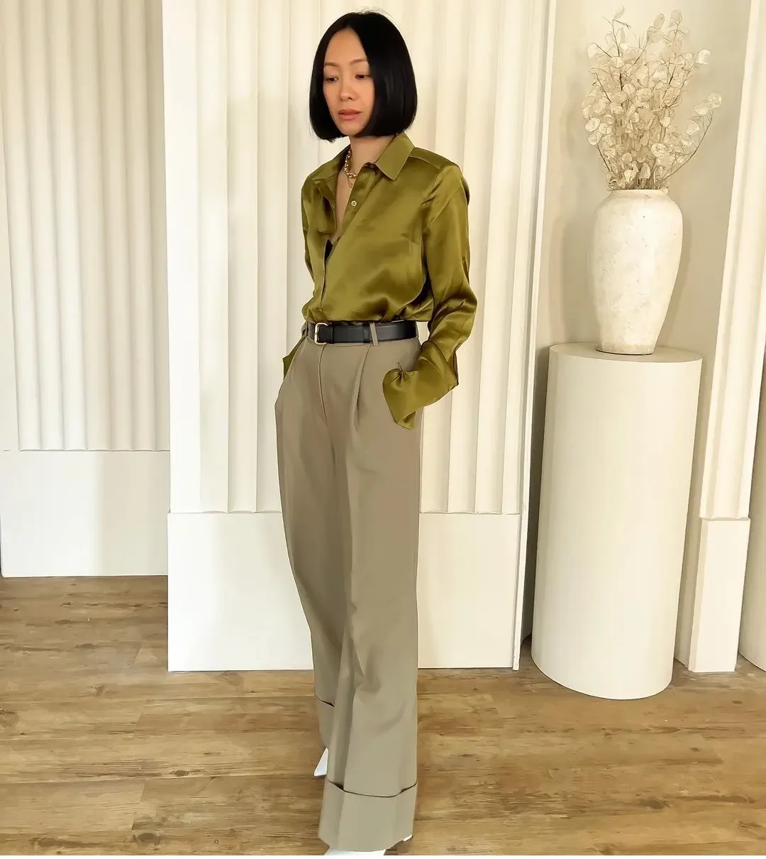 fall office outfits for women 2026 Olive Satin Shirt with Relaxed Tailored Trousers