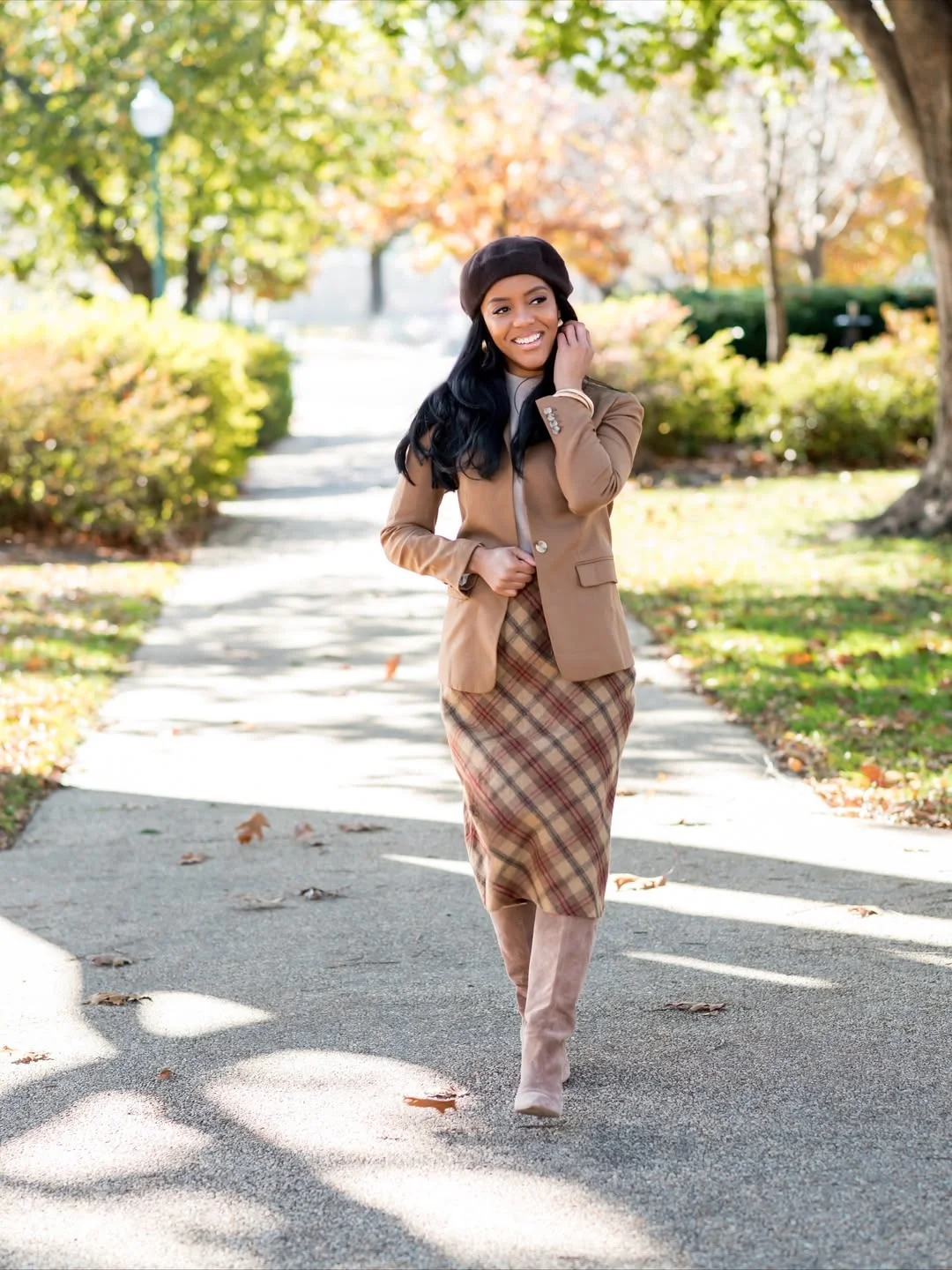 fall office outfits for women 2026 Classic Plaid Midi Skirt with Soft Camel Tailoring