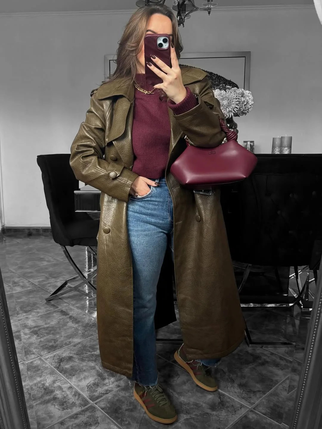 fall outfits for big busted women Rich Burgundy Knits Paired with an Elegant Leather Trench