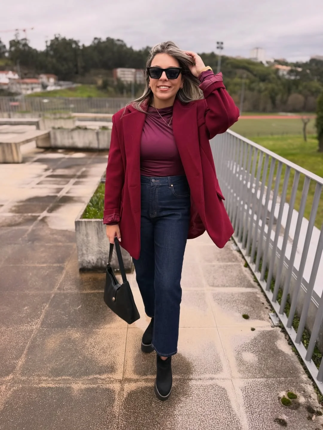 fall outfits for big busted women 2026 Rich Burgundy Layers That Make Denim Feel Elevated