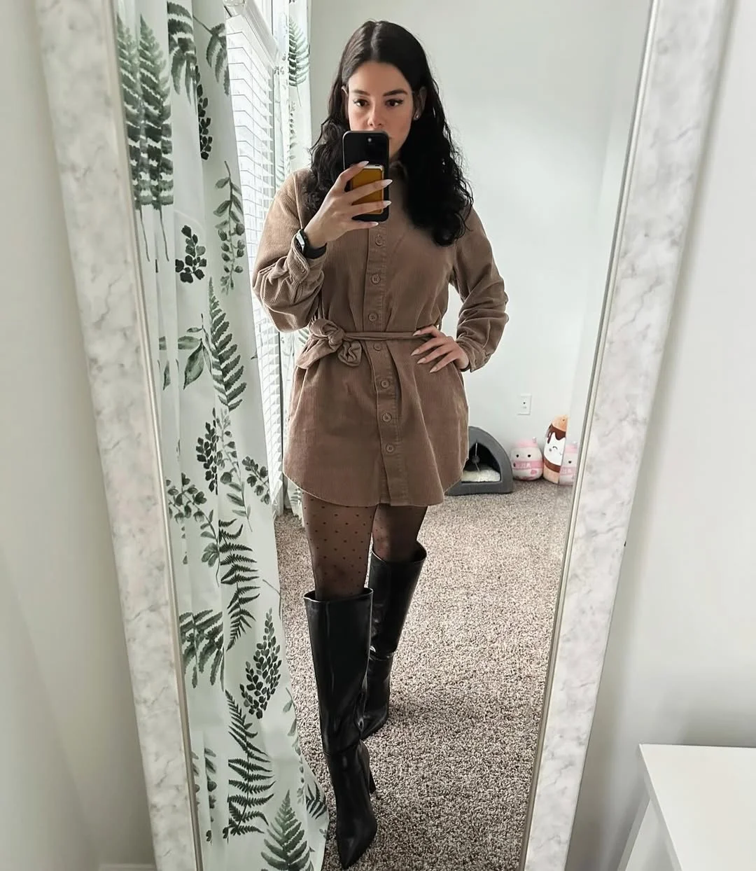 fall outfits for big busted women 2026 Neutral Shirt Dresses and Tall Boots for Modern Everyday Elegance