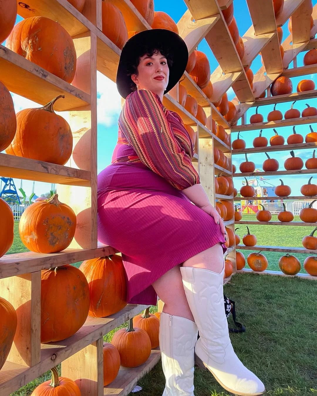 fall outfits for plus size women 2026 Berry Tones and Cowboy Boots Make the Perfect Pumpkin Patch Outfit